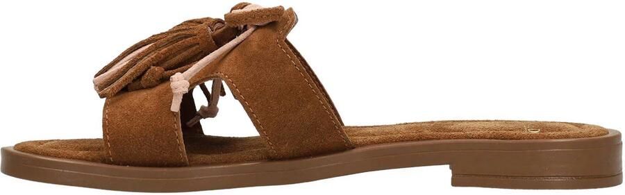 Manfield Dames Cognac suède slippers met franjes - Foto 2