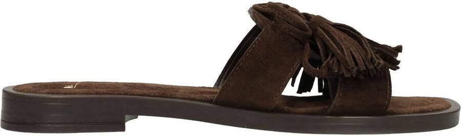 Manfield Dames Donkerbruine suède slippers met franjes