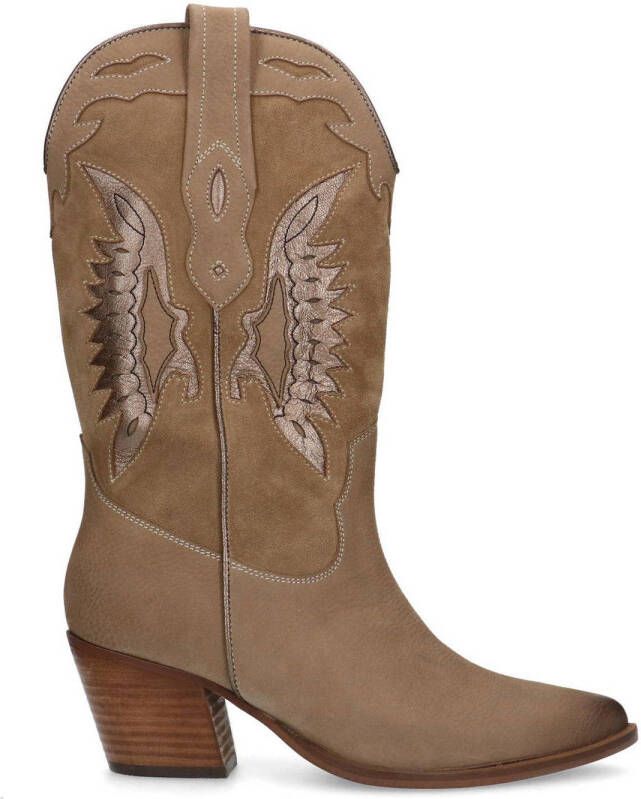 Manfield Dames Bruine nubuck cowboy laarzen met metallic details