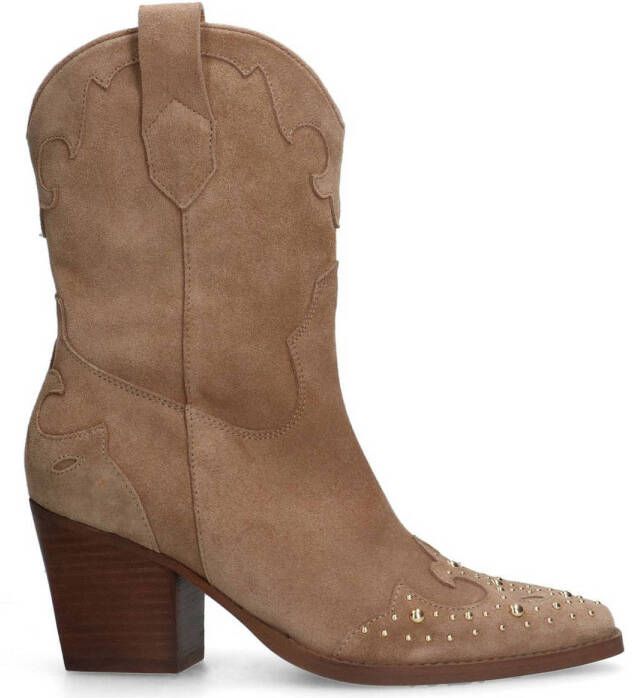 Manfield Dames Beige suède cowboylaarzen met goudkleurige studs