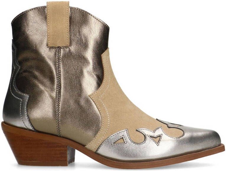 Manfield Dames Beige suède cowboy laarzen met zilveren metallic details