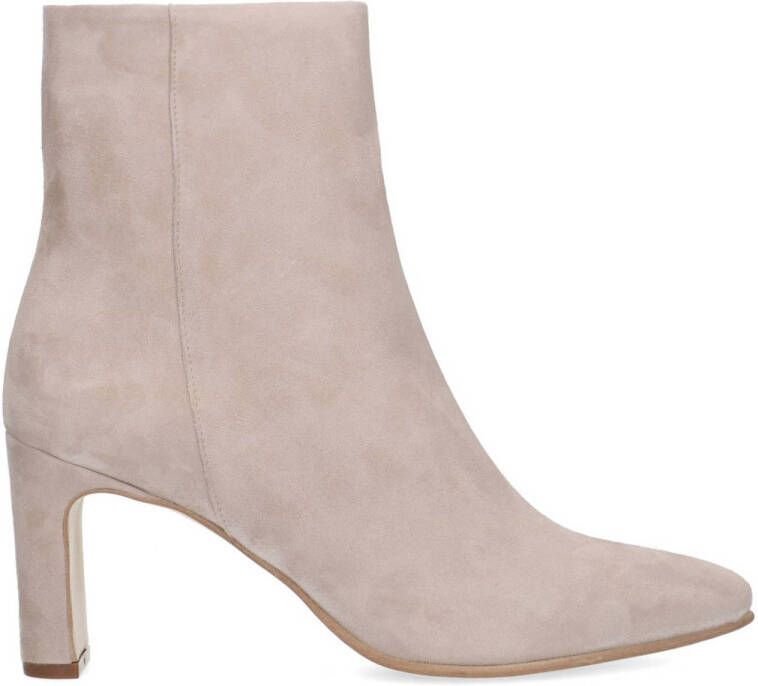 Manfield Dames Beige suède enkellaarsjes met hak