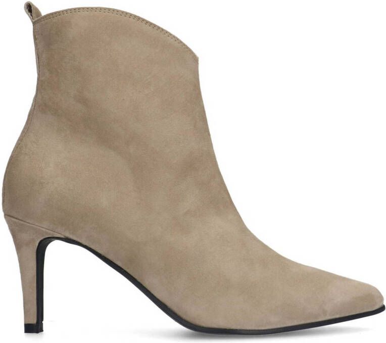 Manfield Dames Beige suède enkellaarsjes met hak