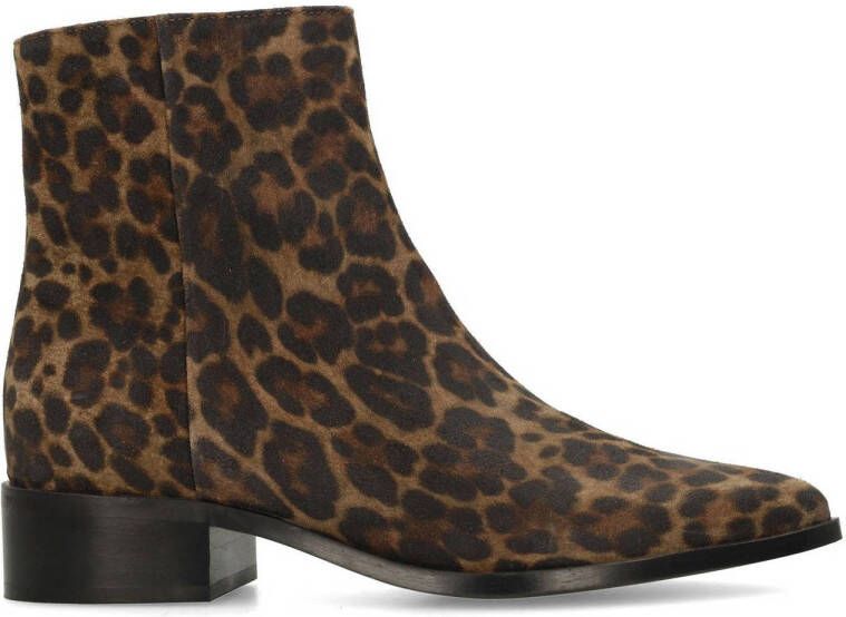 Manfield suède enkellaarzen met panterprint cognac zwart