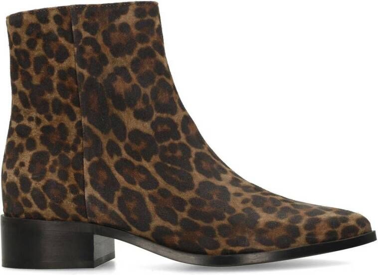 Manfield suède enkellaarzen met panterprint cognac zwart