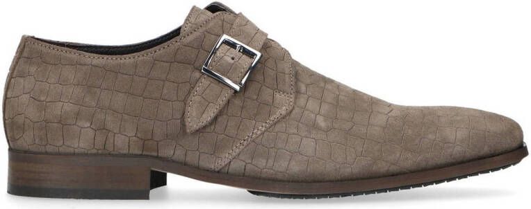 Manfield Heren Taupe suède gespschoenen met crocoprint