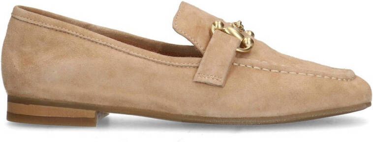 Manfield Dames Beige suède loafers met goudkleurig detail