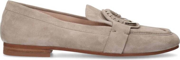 Manfield Dames Beige suède loafers met goudkleurig detail