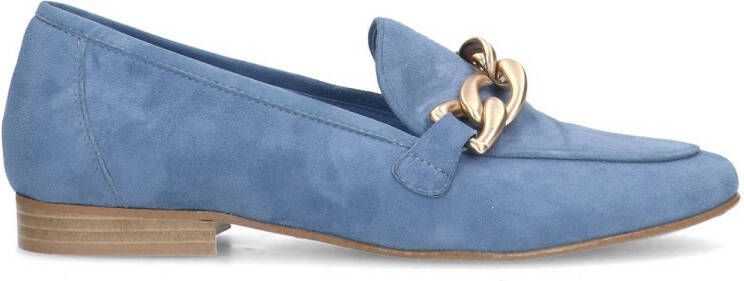 Manfield Dames Blauwe suède loafers met goudkleurige chain