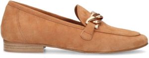Manfield Dames Cognac suède loafers met goudkleurige chain