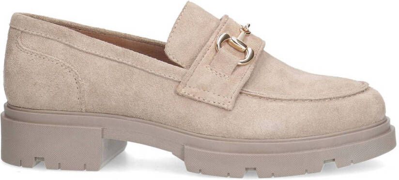 Manfield Dames Beige suède loafers met goudkleurige details