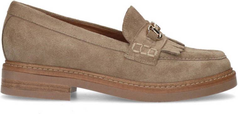 Manfield Dames Beige suède loafers met goudkleurig detail