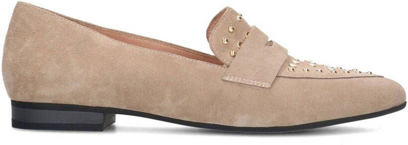 Manfield Dames Beige suède loafers met goudkleurige studs