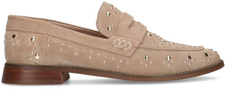 Manfield Dames Beige suède loafers met goudkleurige studs