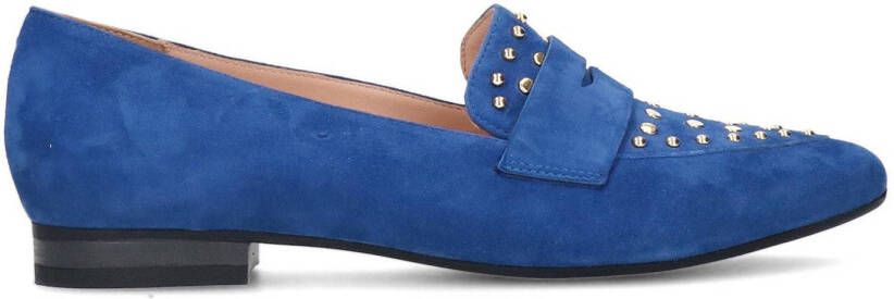 Manfield Dames Blauwe suède loafers met goudkleurige studs