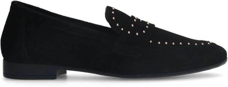 Manfield Dames Zwarte suède loafers met goudkleurige studs
