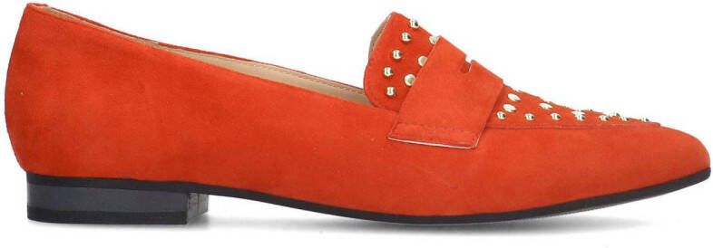 Manfield Dames Rode suède loafers met goudkleurige studs