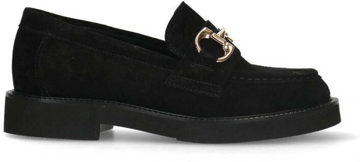 Manfield Dames Zwarte suède loafers met goudkleurig detail
