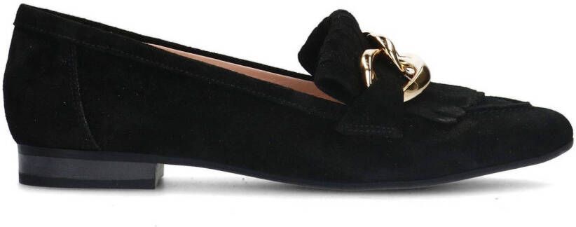 Manfield Dames Zwarte suède loafers met goudkleurige chain