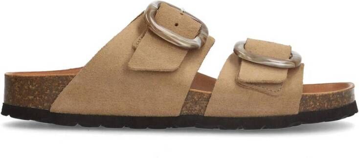 Manfield Dames Beige suède slippers met gesp