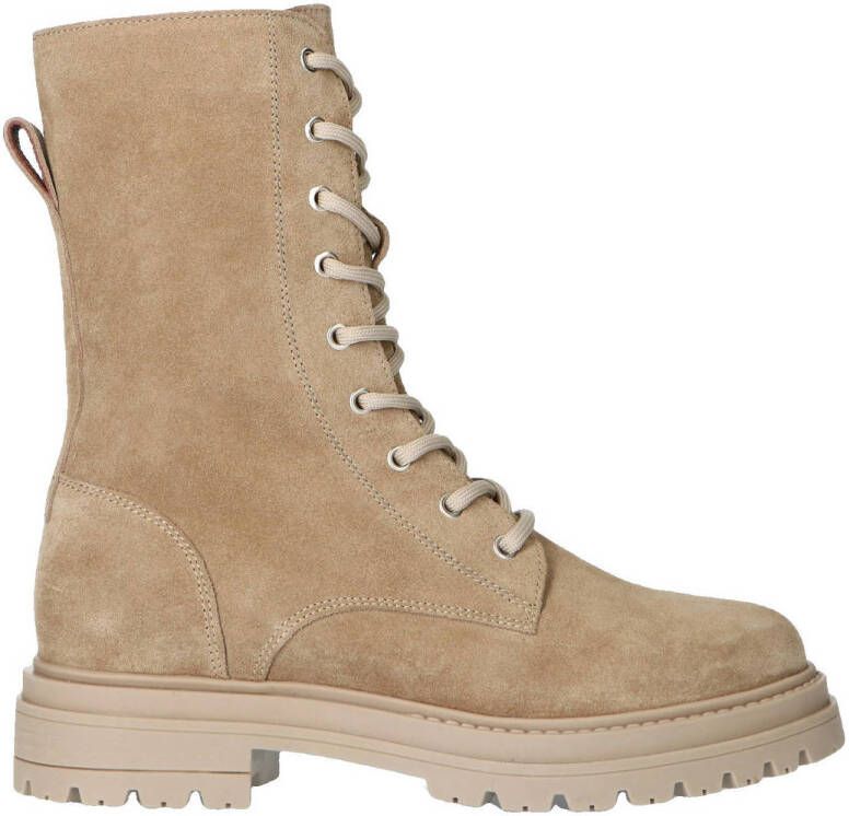 Manfield Dames Taupe suède veterboots - Schoenen.nl