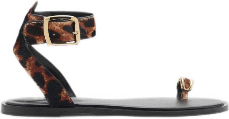 Mango leren sandalen met panterprint cognac zwart