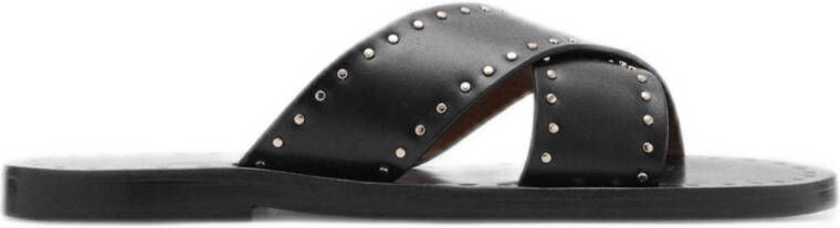 Mango leren slippers met studs zwart