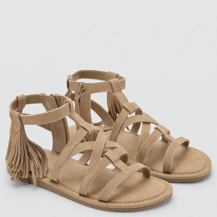 Mango Kids leren sandalen met franjes lichtbruin - Foto 2