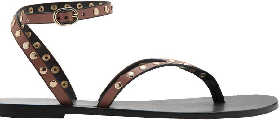 Mango leren sandalen met studs en all over print bruin