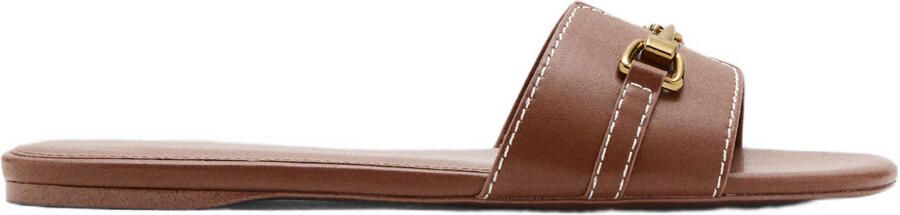 Mango leren slippers met siergesp cognac