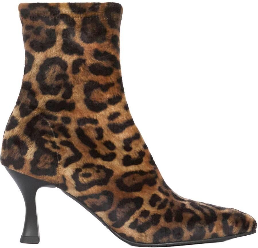 Miss Elastic Zeta Plus imitatieleren enkellaarzen met hak en panterprint donkerbruin cognac