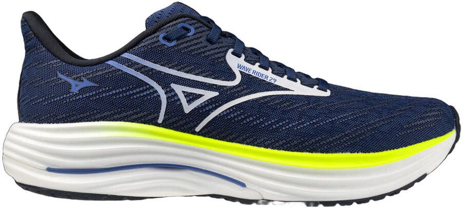 Mizuno Wave Rider 29 hardloopschoenen donkerblauw wit geel