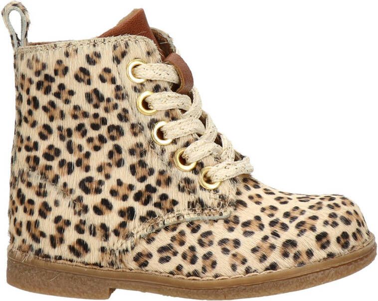 Nelson Kids leren veterboots met ponyhaar en panterprint beige Meisjes Leer 25