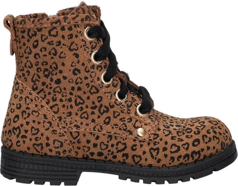 Nelson Kids suède veterboots met panterprint cognac
