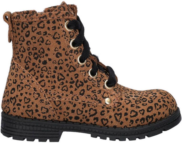 Nelson Kids suède veterboots met panterprint cognac