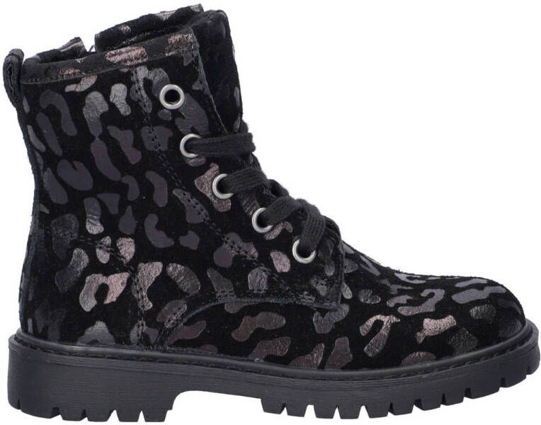 Nelson Kids suède veterboots met panterprint zwart