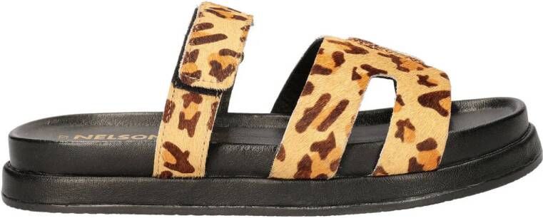 Nelson leren slippers met ponyhair en panterprint beige