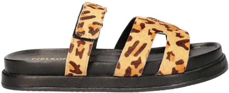 Nelson leren slippers met ponyhair en panterprint beige