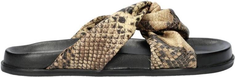 Nelson leren slippers met slangenprint zwart beige
