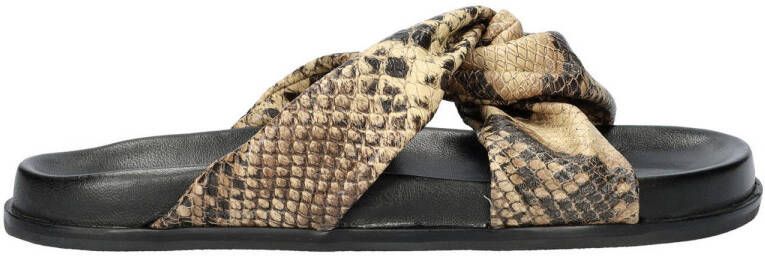 Nelson leren slippers met slangenprint zwart beige