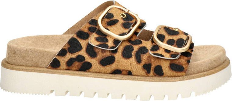 Nelson slippers met ponyhair en panterprint cognac zwart