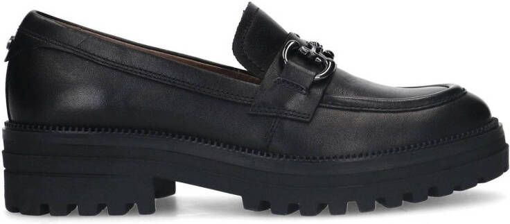 No Stress Dames Zwarte leren loafers met zilverkleurig detail