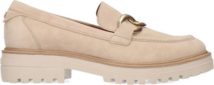 No Stress Dames Beige suède loafers met goudkleurige chain