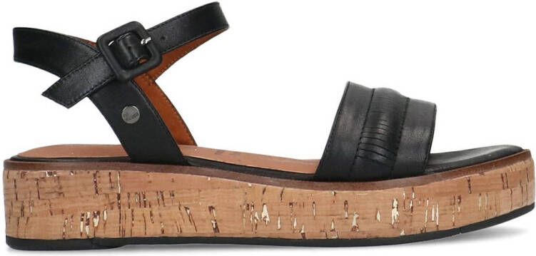 No Stress Dames Zwarte leren sandalen met kurkzool