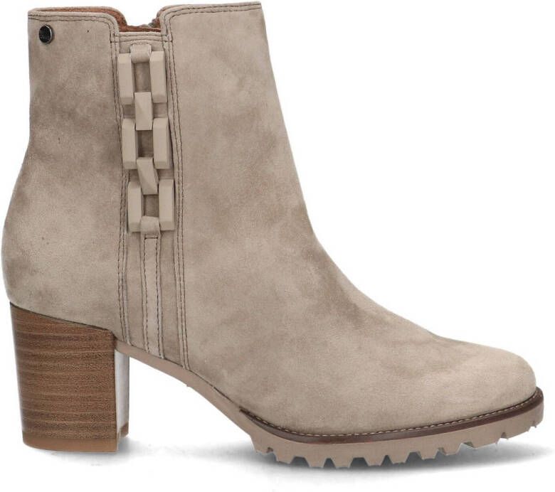 No Stress Dames Taupe suède enkellaarsjes met blokhak en chain