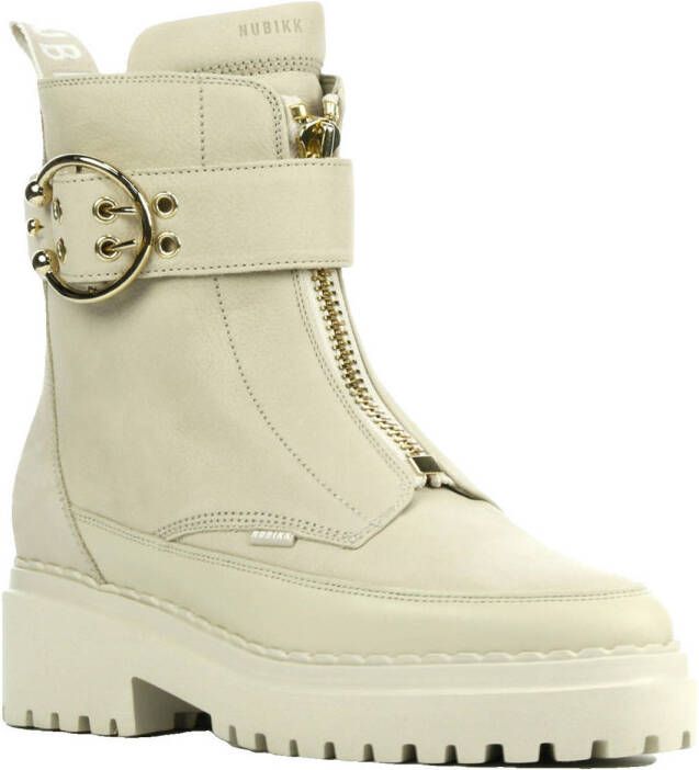 Nubikk Beige Enkellaarsjes met Decoratieve Gouden Rits en Gesp Beige Dames - Foto 3