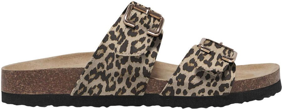 ONLY Onlmaxi-13 Leo Strap Buckle Sandal leren slippers met panterprint beige zwart