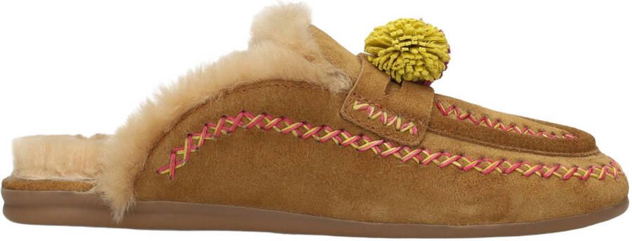 Poelman Nina suède slippers met pompons cognac