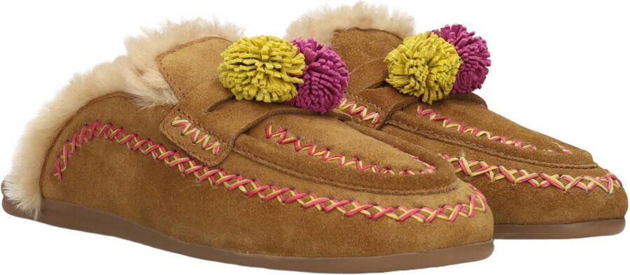 Poelman Nina suède slippers met pompons cognac - Foto 3