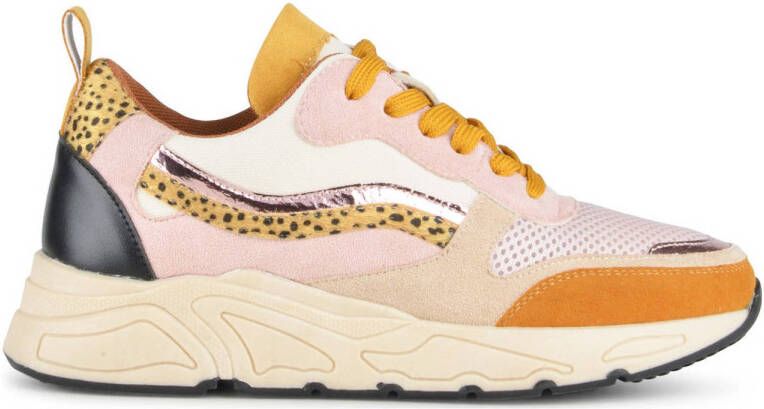 PS Poelman Dames CAROCEL Imitatie Leren Suède PU Runner Sneakers met Beige Profielzool Beige Roze